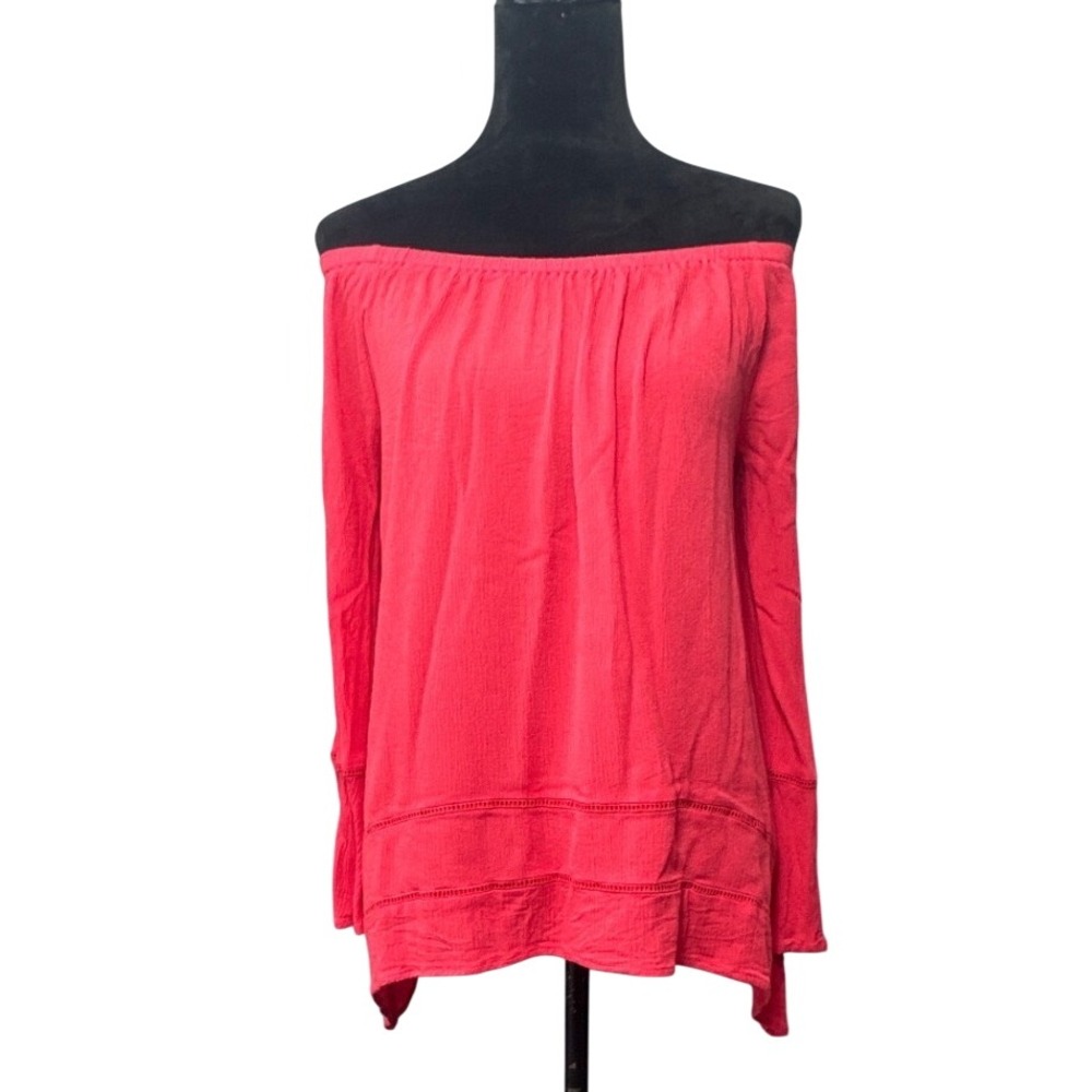 Wrangler Retro Women M Coral Peasant‎ Top Bell Sleeve Gauze Rayon Boho Western